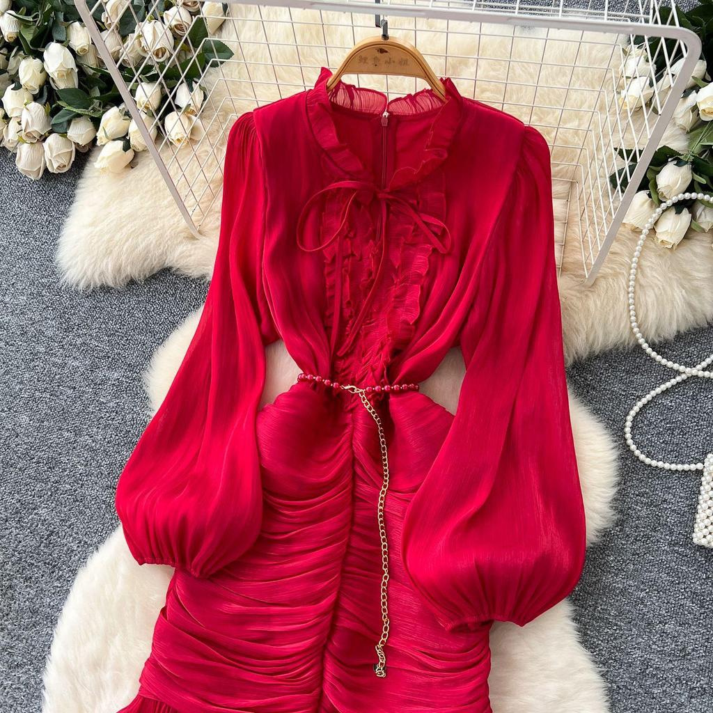 French Dress High-end Lace Splicing Waist Lantern Sleeve Ruffle Edge Long Dress Skirt