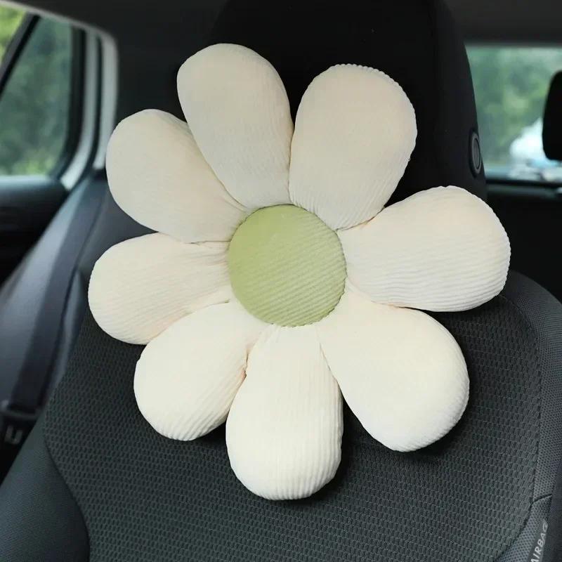 Cute Flower Car Neck Pillow Cushion Soft Car Headrest Waist Pillow Safety Seat Belt Shoulder Pad Car Accessories for Girls Women