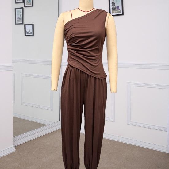 Women Tank Top Pants Two Piece Set Summer One-shoulder Sleeveless Shirt Trousers Solid Color Breathable Loose Casual Top Pants Suit