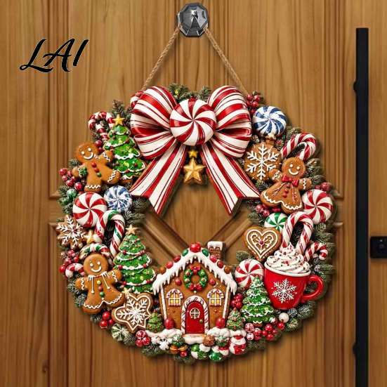Xmas Party Hanging Ornament Gingerbread Man Wreath Wooden Sign for Front Door Retro Christmas Plaque with Vintage Style Candy Cane Garland