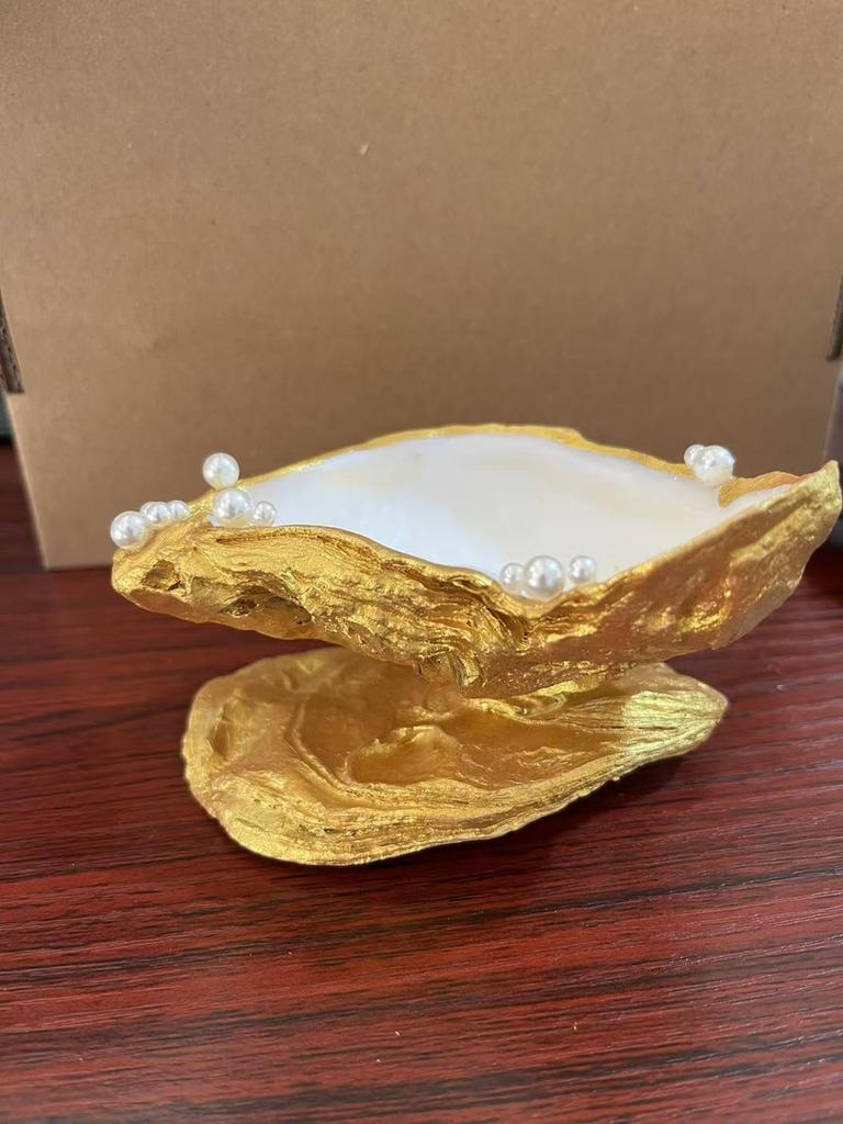 Coastal Oyster Shell Candle Holder with Pearl Elegant Gold Rimmed Oyster Nautical Handmade Oyster Shell Candlestick