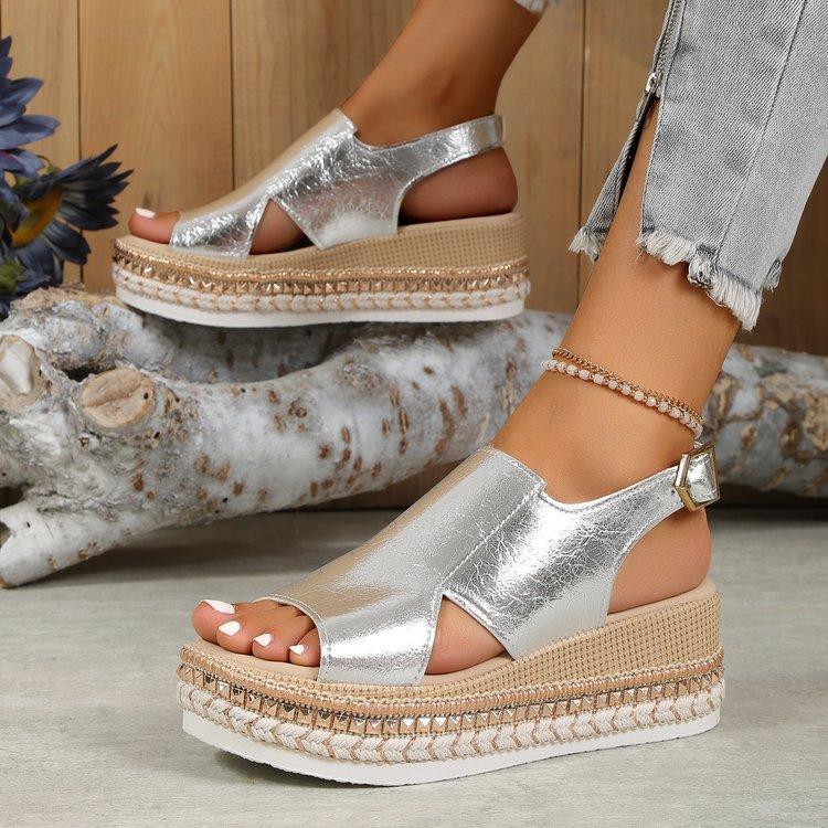 Sandali Estivi Nuovi con Fibbia e Tacco a Zeppa Scarpe Bocca di Pesce Taglia Grande Moda Punta Tonda Calzature Comode con Fondo Spesso