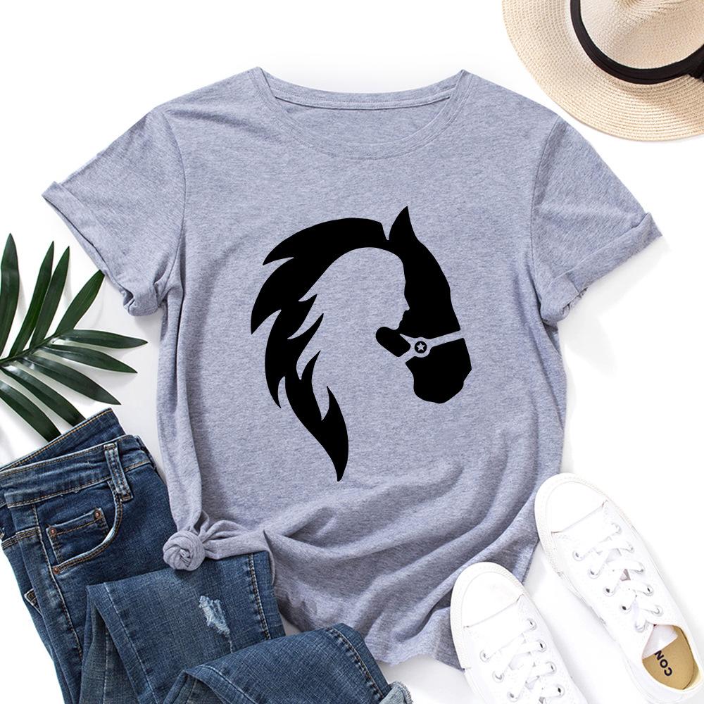 Character Animal Human Silhouette Cotton T-Shirt Short Sleeve Round Neck Women 2d Print Tops
