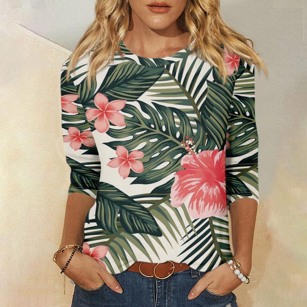 Women's Fashion Casual Round Neck 3/4 Sleeve Loose Printed T-Shirt Ladies Top
