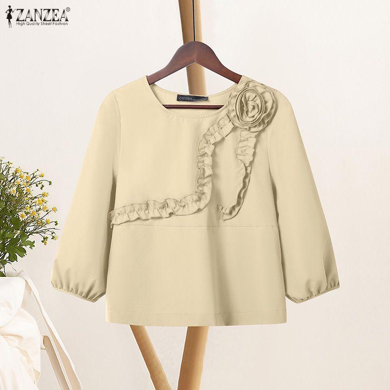 ZANZEA Women Casual Round Neck Loose 3/4 Sleeve Blouse