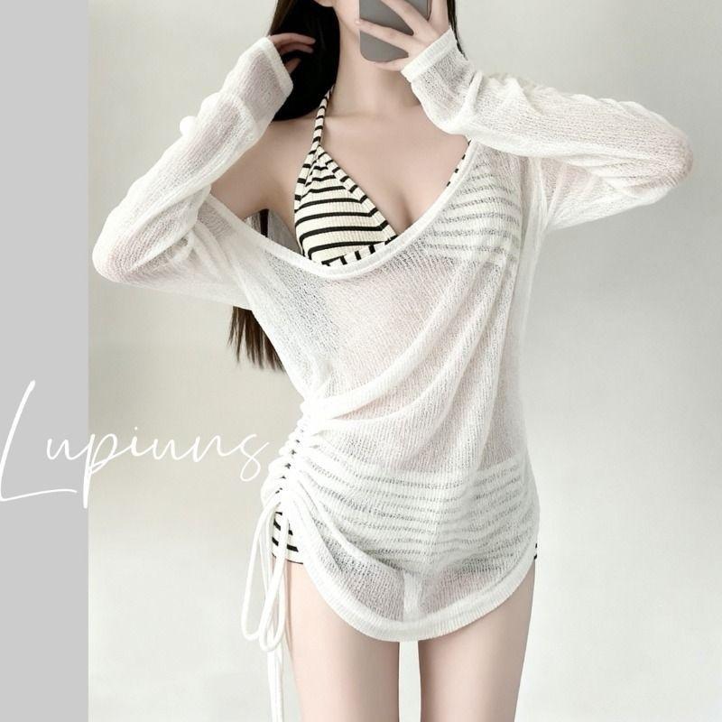 Summer vacation wind striped bikini 's split sunscreen blouse sexy belly and thin swimsuit 's hot spring
