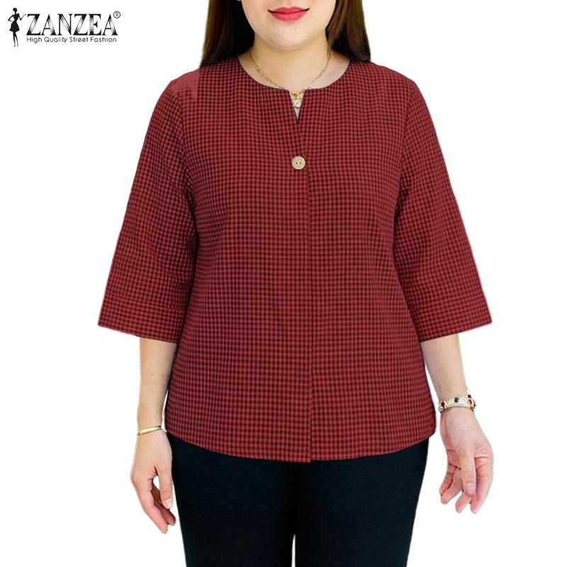 ZANZEA Damen Karo-Print Lässige Rundhals-Bluse mit 3/4-Ärmeln