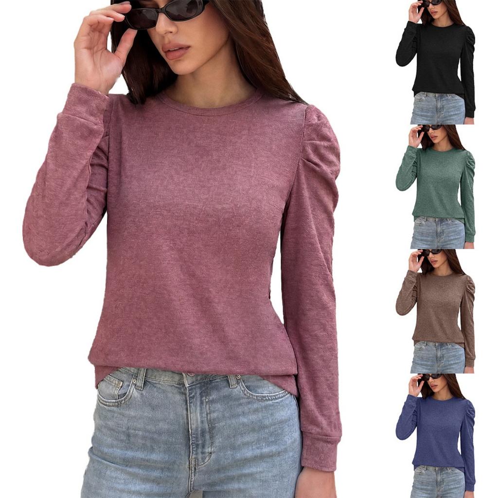 Fall Winter Women's Solid Color Loose Crew Neck Pleated Long Sleeve T-shirt Top For Cross-border European American Trade