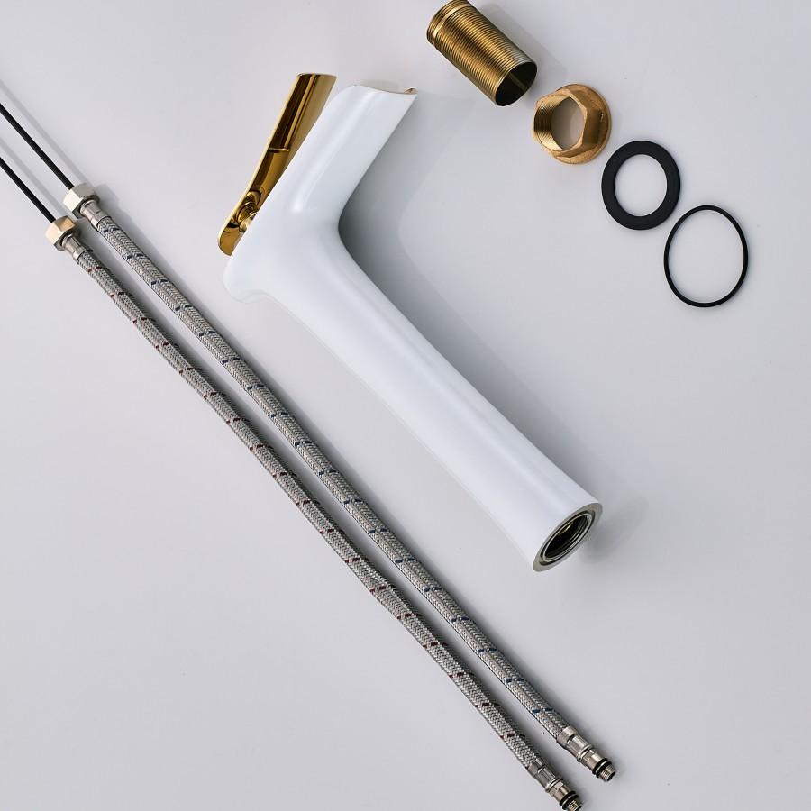 White and Gold Tall Size Deck Mounted Lavatory Faucet Hot Cold Waterfall Mixer Single Handle Bathroom Wash Basin Faucet