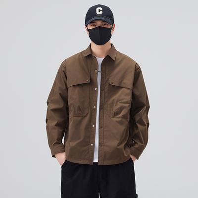 New American Olive Jacket Men'S Retro Lapel Shirt Trendy Big Pockets Loose And Comfortable Coat