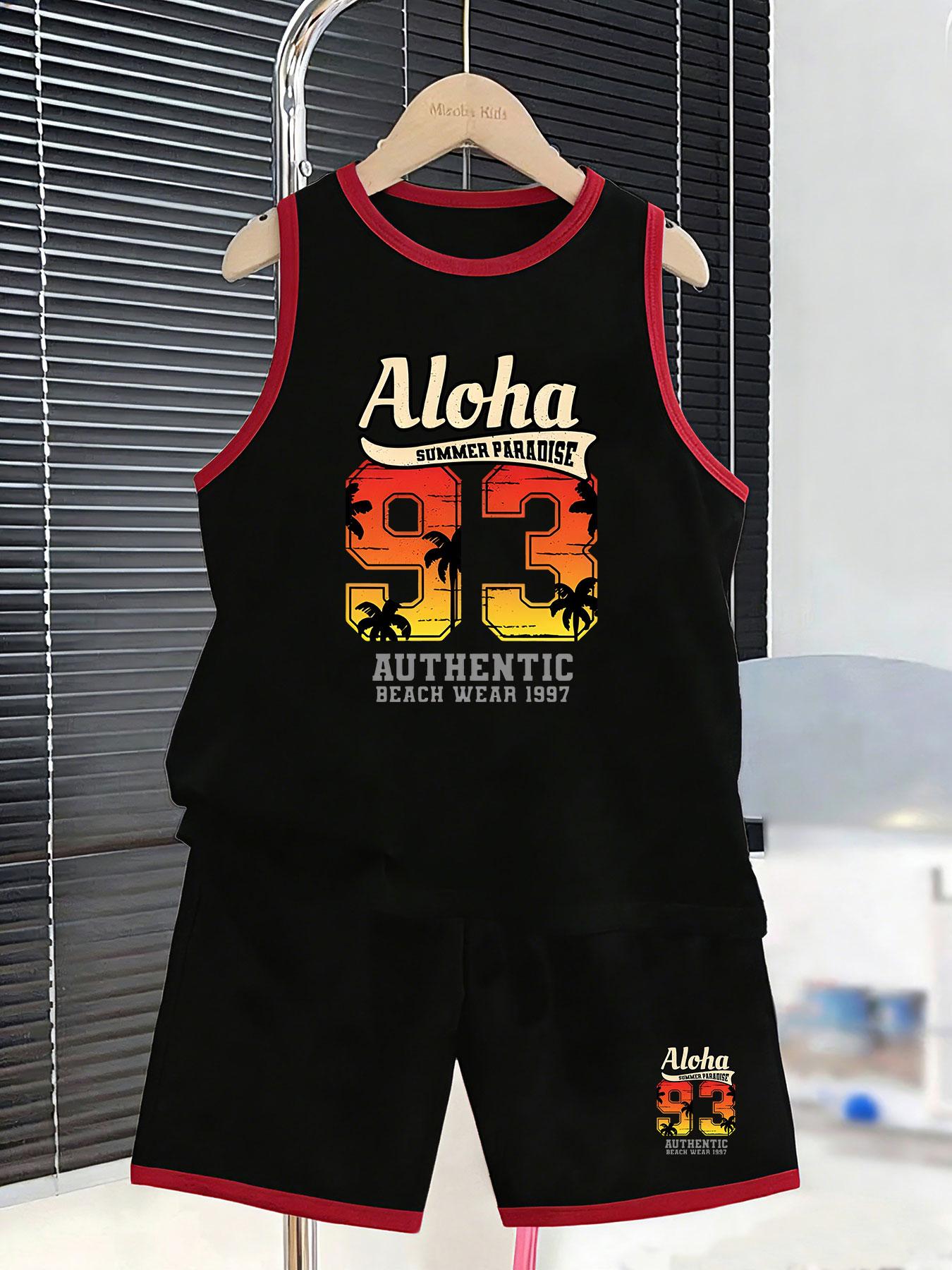 

Boys Aloha vacation outfit with retro palm tree and number print. Breathable comfy material, summer resort style for trips and daily wear. 7Y чорний