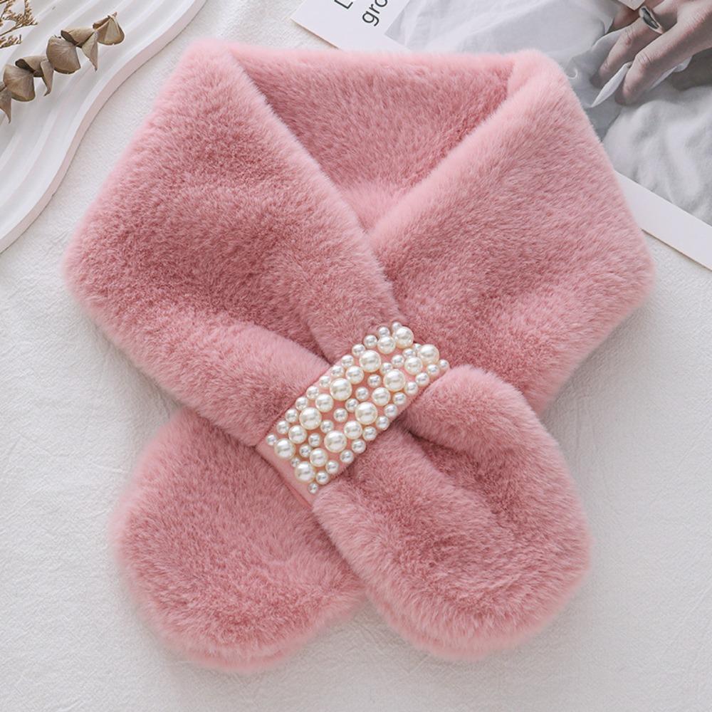 Cute Thickened Pearl Plush Scarf Soft Faux Rabbit Fur Korean Style Scarf Cross Warm Neck Warm Ring Women Girls
