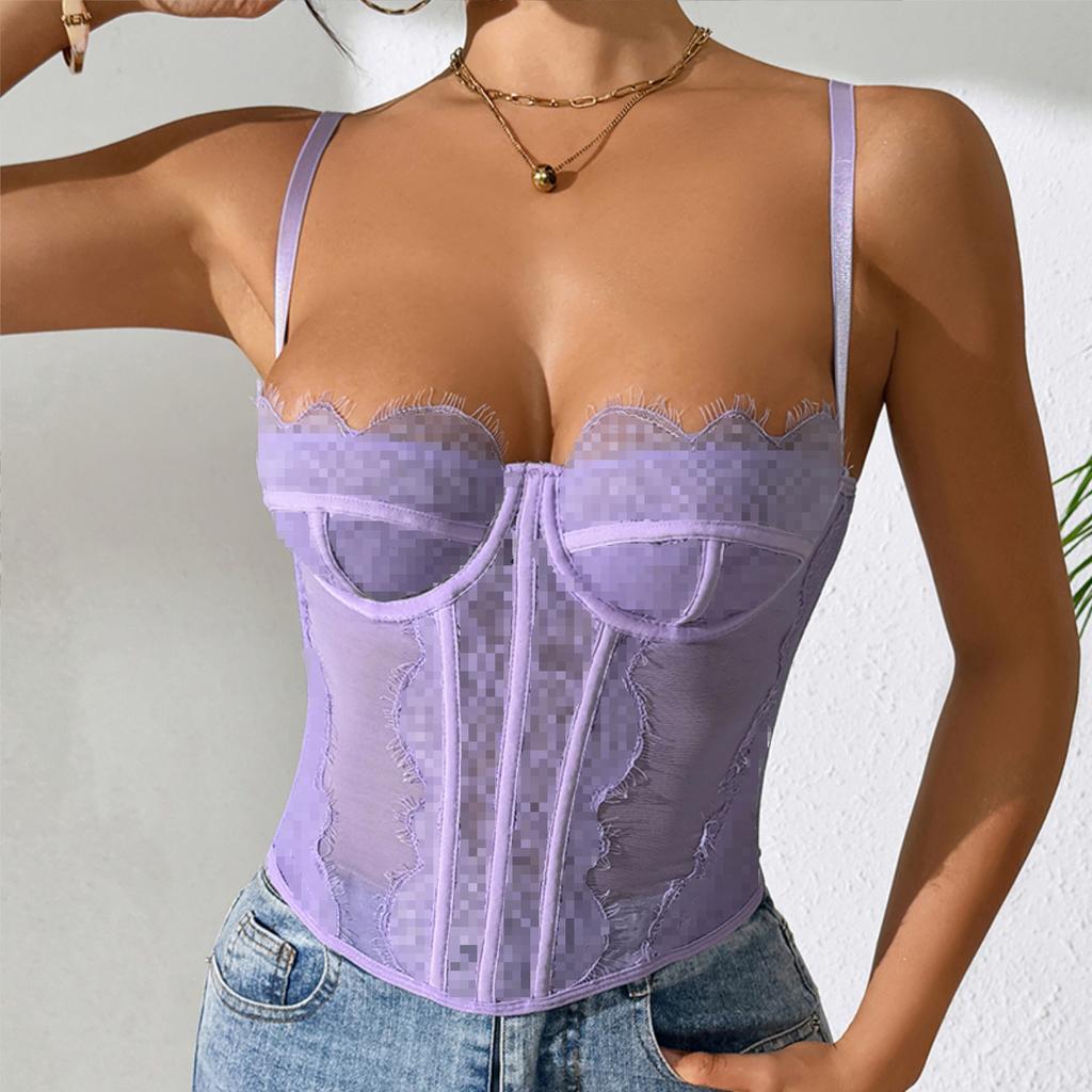 Sexy Gathering Slim Fit Fishbone Bust Eyelashes Lace Perspective Pure Desire Suspender Vest Vest Women's Exterior Wear