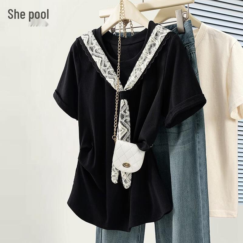 Elegant Lace Patchwork Short Sleeve T-shirt L