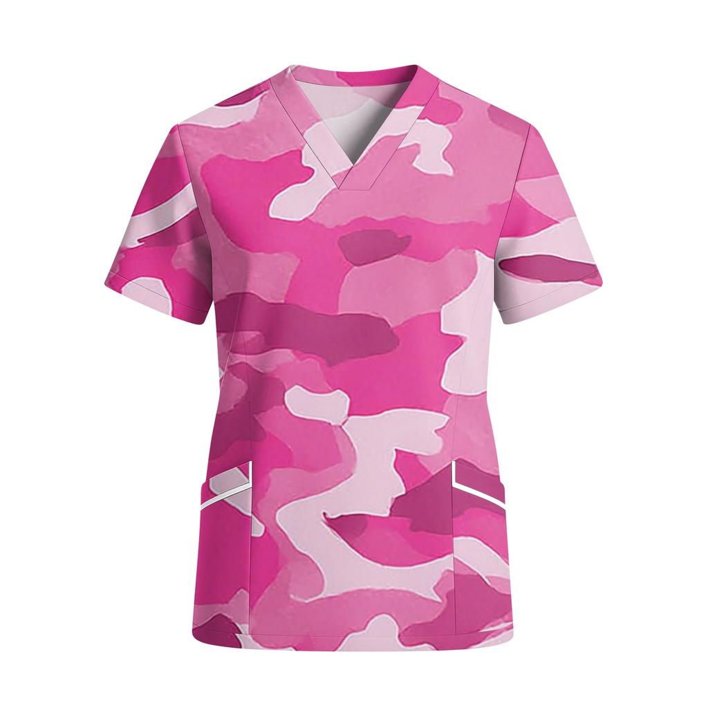 Women's V-Neck Short Sleeve Work Shirt with Pocket, Printed Top for or Uniform, Lightweight Tunic