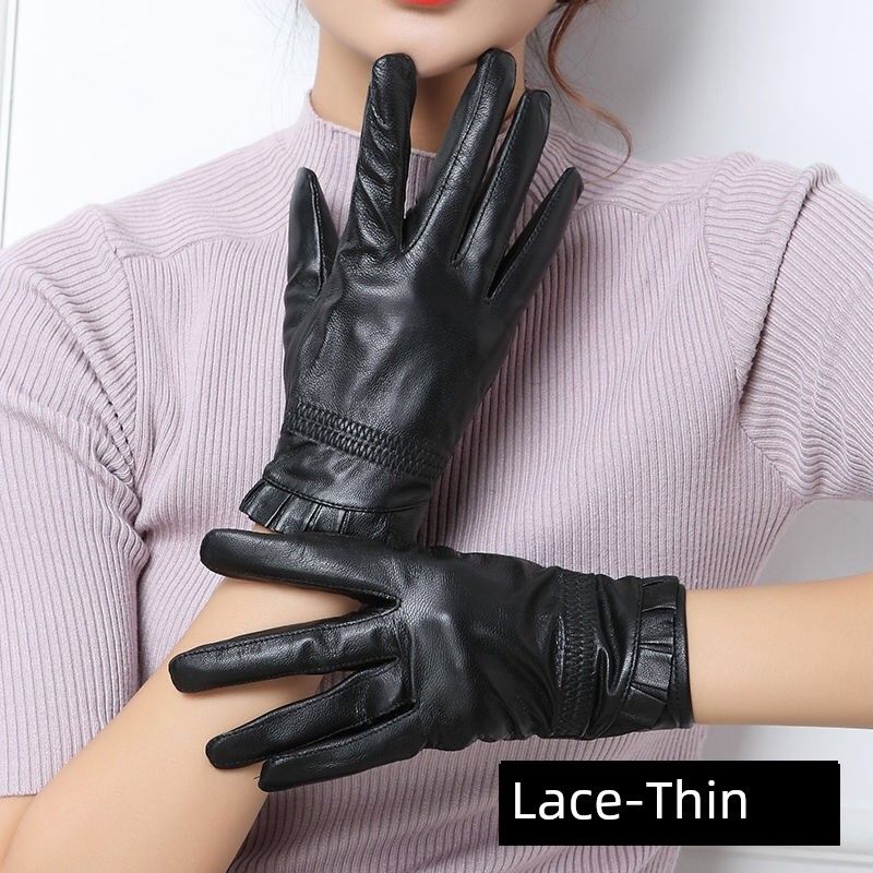 Real Leather Gloves Women's Sheepskin Gloves Leather Gloves Cycling Winter Warm Fleece-Lined Cycling Electric Car Touch Screen Leather Gloves Thin