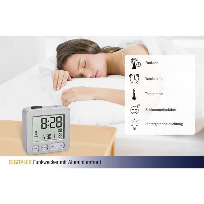 Tfa dostmann 60.2545.54 radiopiloté(e) réveil argent, aluminium (brossé) heures de réveil 1