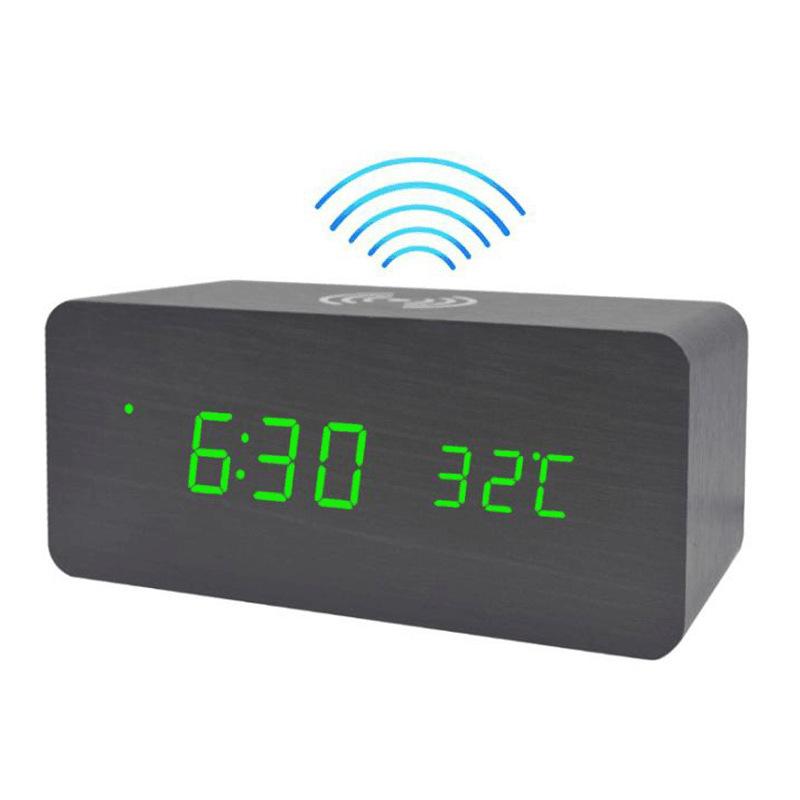 Electronic Wireless Charging Wood Clock Mobile Phone Wireless Fast Charging Electronic Digital Alarm Clock Multi Function Perpetual Calendar
