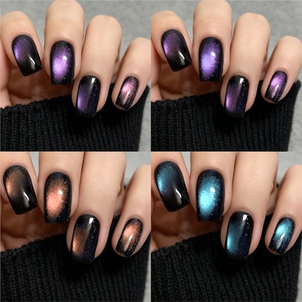 96pcs/box 4colors Glossy Glitter Cat Eye French False Nails Short Square Cat Eye Press On Nails Full Cover Acrylic Fake Nails &3