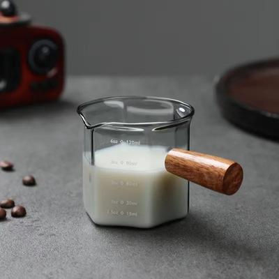 120 ml Kaffee-Extraktionsbecher, Espressotassen aus Borosilikatglas, Einzelöffnung mit Skala, Holzgriff, Messbecher, Unzen-Tasse