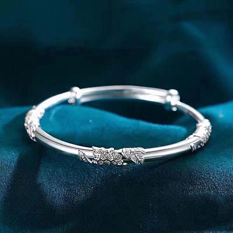 Blooming Flowers Adjustable Pure Silver Women's Bangle - Simple Fashion Bracelet