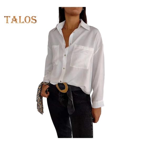 

Женская рубашка с лацканами, длинными рукавами, накладными карманами, однотонная свободная однобортная офисная женская рубашка S белый