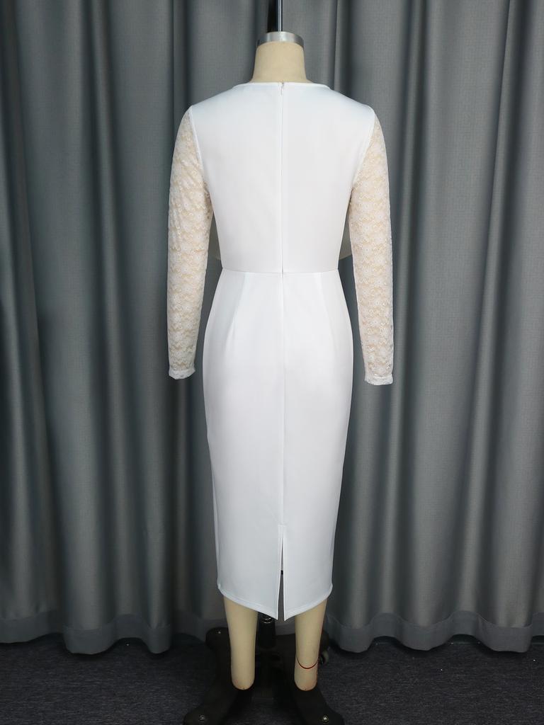 Elegant White Midi Dress for Women Lace Sleeve Bodycon Style with Oversized 3D Flower Front Church Wedding Guest Formal Evening Outfit