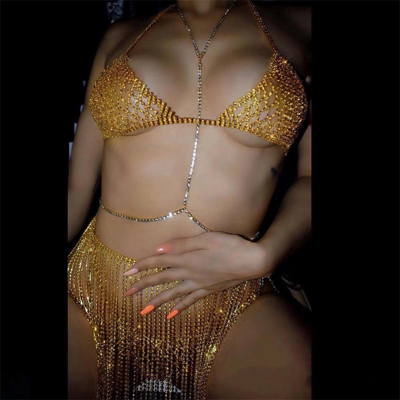 Yellow Rhinestone Sexy Body Chain Set, Nightclub Bikini Bra Shorts Skirt Body Accessories