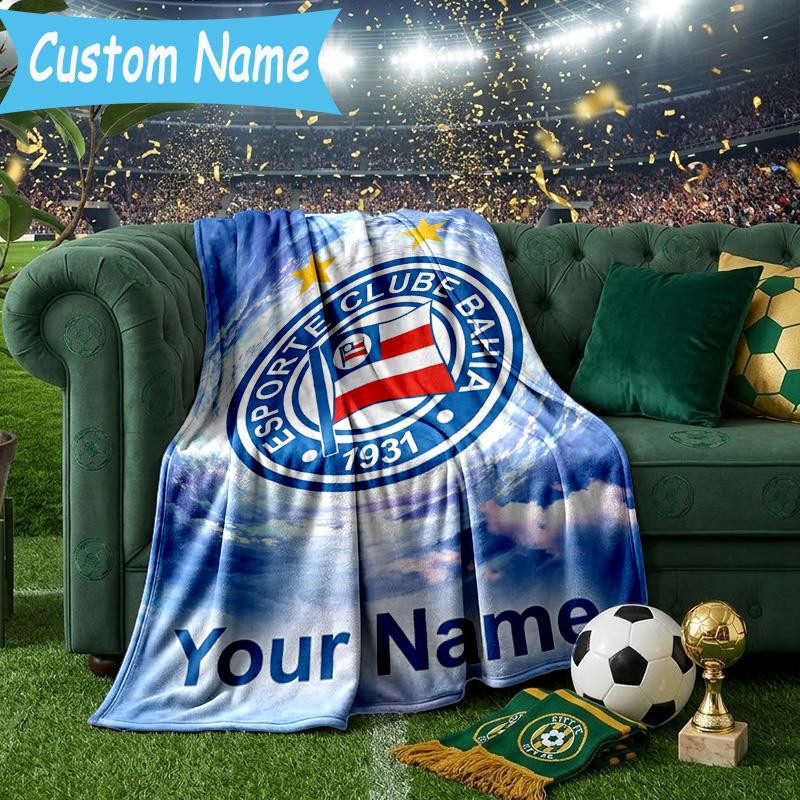 Custom Name Bahia Fc Crest Design Flannel Blanket, Use for Birthday/Holiday Gift, Soft Blanket for Sofa/Bed/Camping/Office, Home Decor