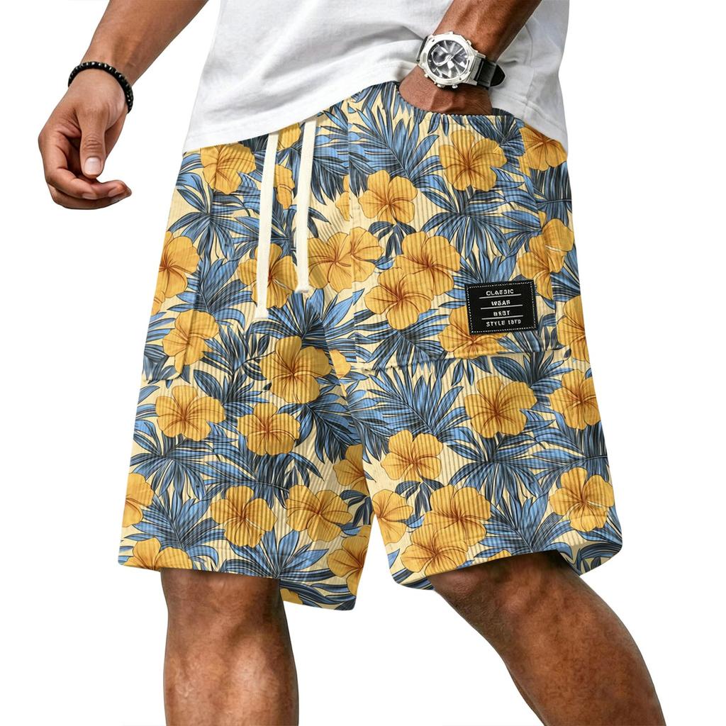 Men's Casual Corduroy Drawstring Shorts Hawaiian Style Tropical Leaf Print Lightweight Comfortable Fit