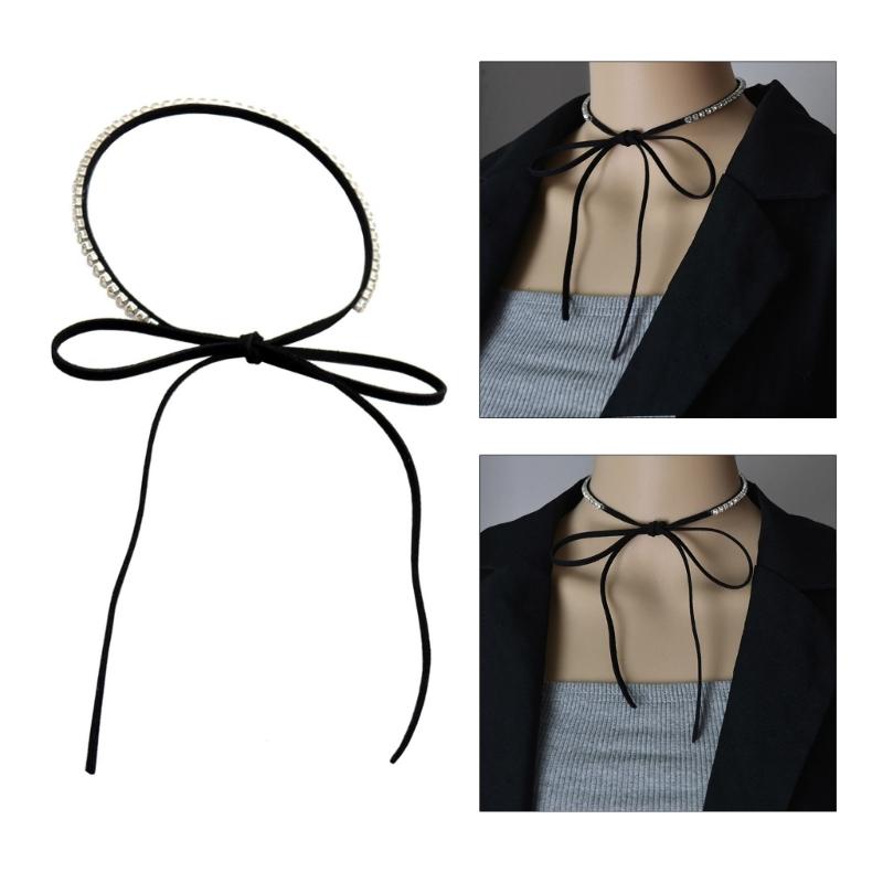 Sparkling Rhinestone Choker Necklace Black Velvets Rope Bowknot Necklace Adjustable Collar Chain Unique Jewelry Ornament