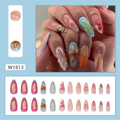 24Pcs Press On Nail Almond False Nail Full Cover Acrylic French Artificial Nail with 3D Starfish Designs for Women