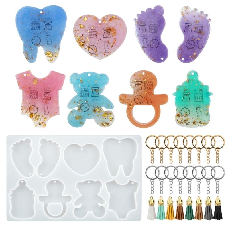 Cute Silicone Resin Keychain Mold Set Jewelry Pendant Casting Mold DIY Epoxy Keychain Mold with Keychain Rings Tassel