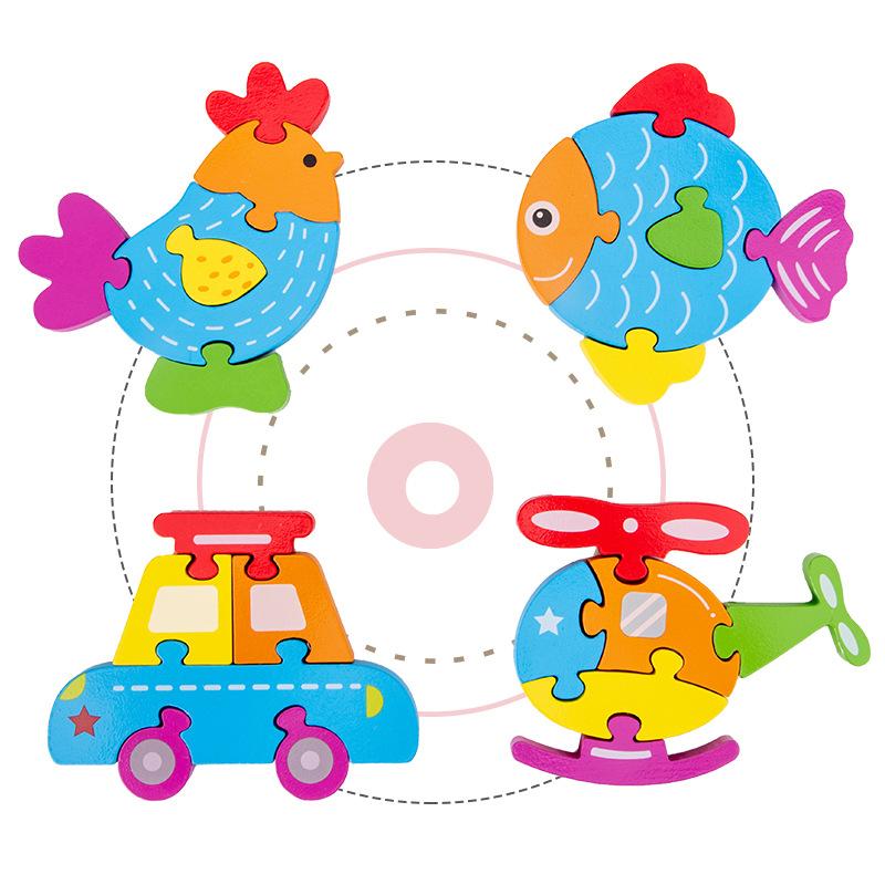 Can Be Used As Children'S Wooden 3D Cartoon Animal Traffic Three-Dimensional Puzzle Baby Montessori Educational Early Education Toy