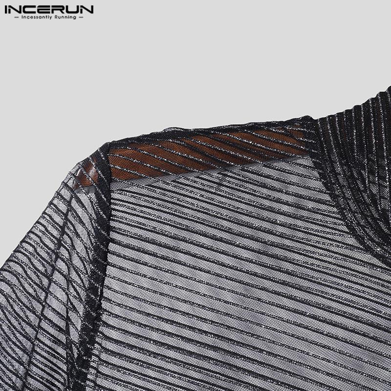 INCERUN Herren Rollkragen Langarm Glitzer Mesh Durchsichtiges T-Shirt See Through Tops