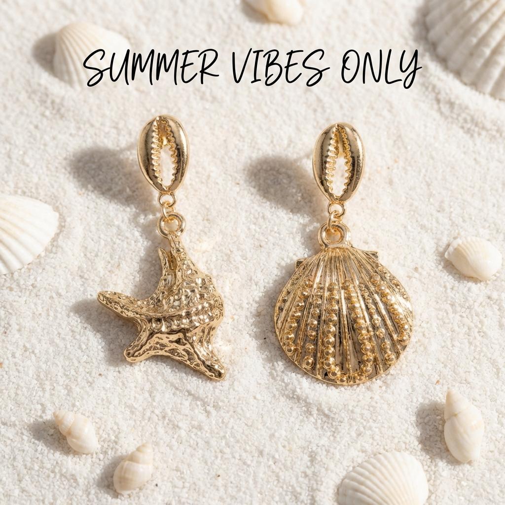 Ocean Style Asymmetrical Conch Starfish Dangle Earrings for Women Metal Textured Scallops Shell Earring Beach Mismatched Jewelry