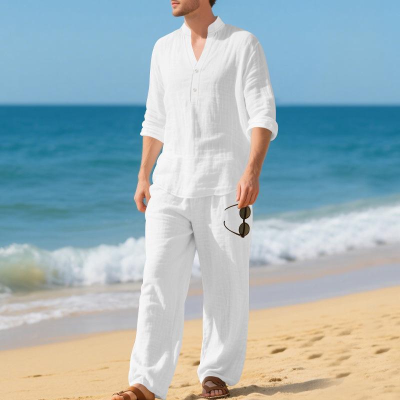 Men Loose Casual Breathable V Neck Long Sleeve Henley Shirt And Long Pants Set