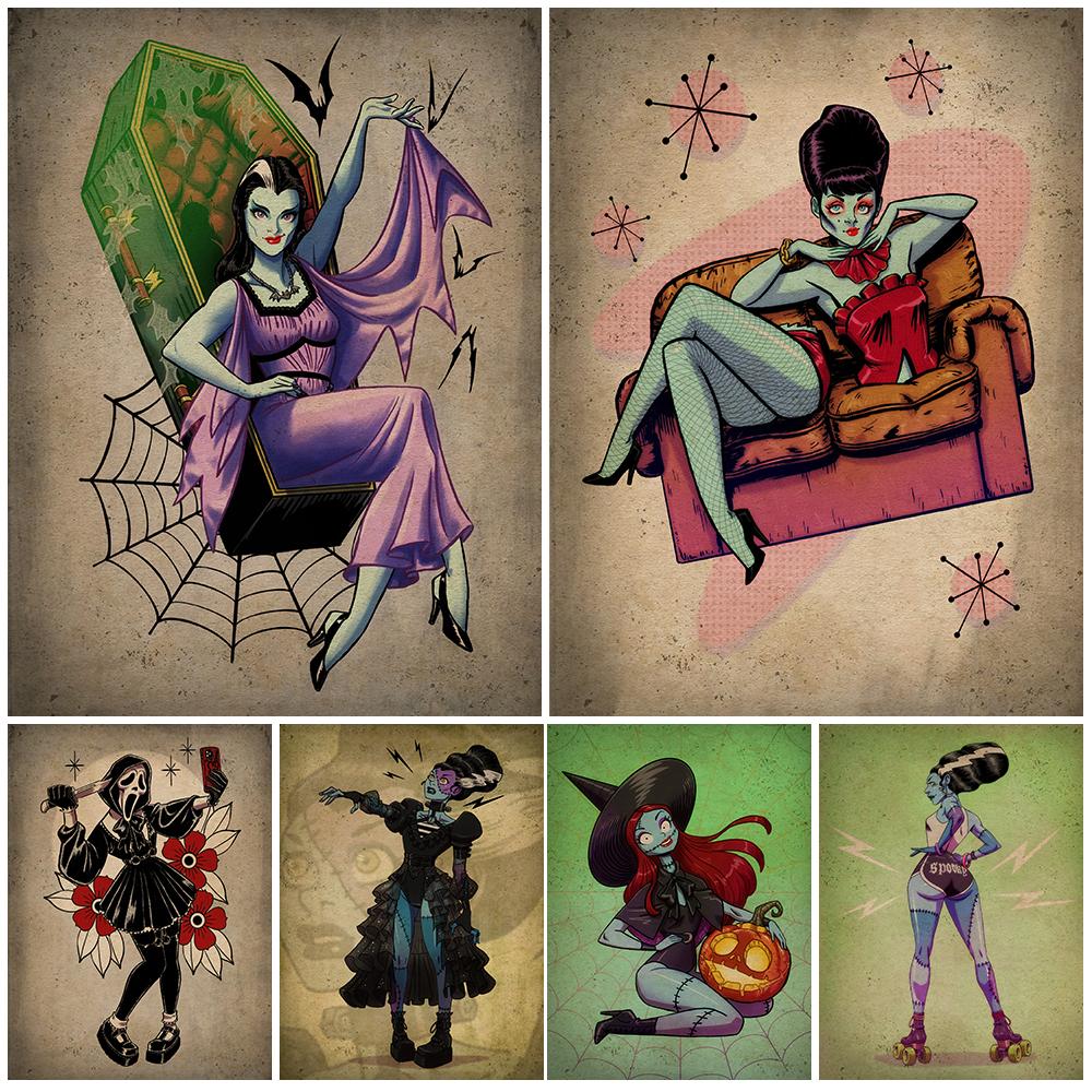 

Среда и сатана, милый мультяшный ведьма, художественный постер и принт, домашний декор, летучая мышь, вурдалак и зомби, невеста, гот, настенная живопись на холсте (с рамкой)