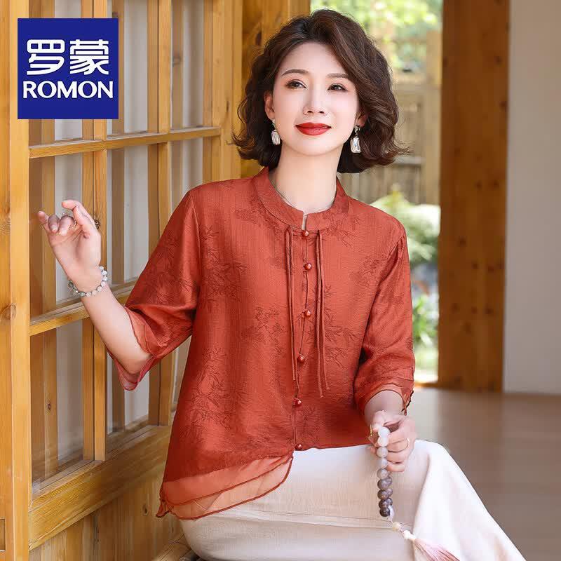 Romon Women s Summer Chinese Style Shirt & Pants Set 3XL