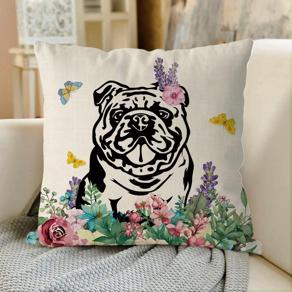 GAGEC Spring Pillow Covers 18x18 Inch English Bulldog Throw Pillowcase Hello Spring Home Sofa Holiday Cushion Case Farmhouse Dog Spring Decorations