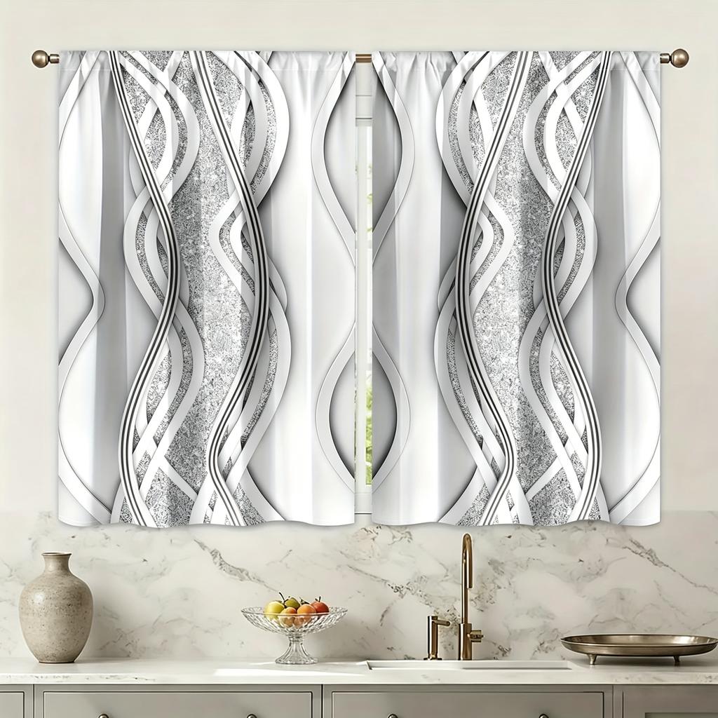 2Pc, 2D Flat-Print Non-Multi-Layer Curtains with Crystal Diamond Geometric Patterns, Colorful Pearl String Stripes, Pocket Rod Installation