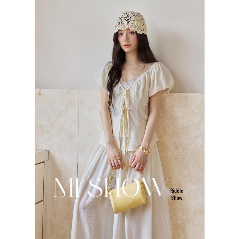 MiXiu French Style Faux Two-Piece Lace-Up Blouse L