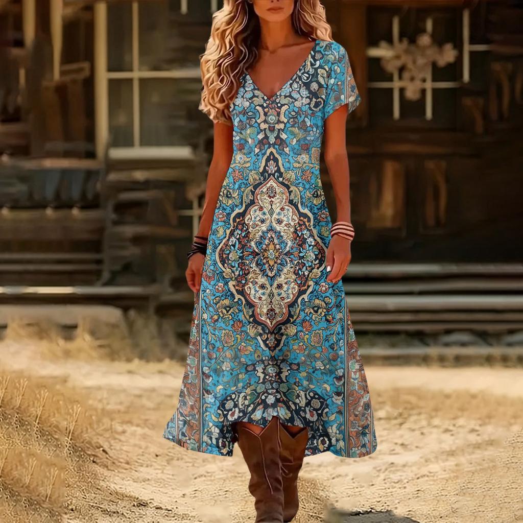 Fashionable Women's Summer V-neck Short Sleeved Retro Floral Print Beach Dress