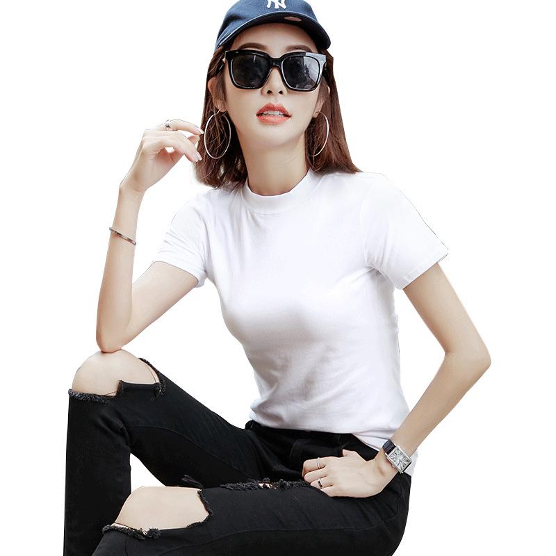 Damski dopasowany T-shirt w jednolitym kolorze z półwysokim kołnierzykiem - Czysta bawełna z krótkim rękawem Lato 2020