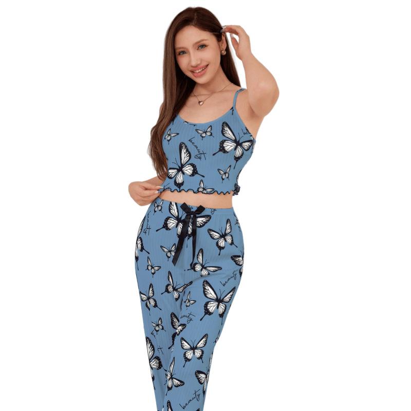 European and American Style Women’s Butterfly Print Cami Top and Long Pants Set Casual Comfortable Loungewear Pajamas