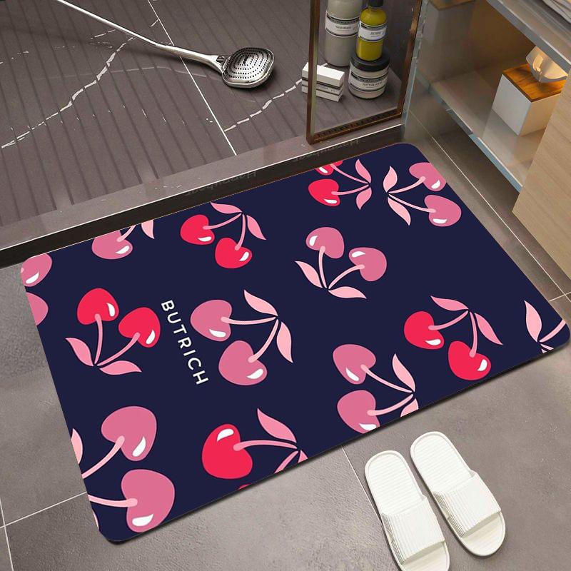 Donkerblauwe Badmat met Kersenprint, Gedurfd Fruitpatroon met “BUTRICH” Tekst, Antislip Wasbaar Tapijt voor Speelse Keuken 50x80CM