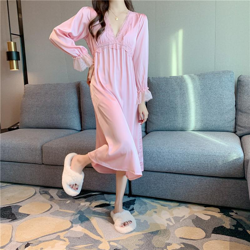 Women's Four Seasons Casual Comfortable Homewear Long Sleeve Thin Solid Color V-Neck Dresses