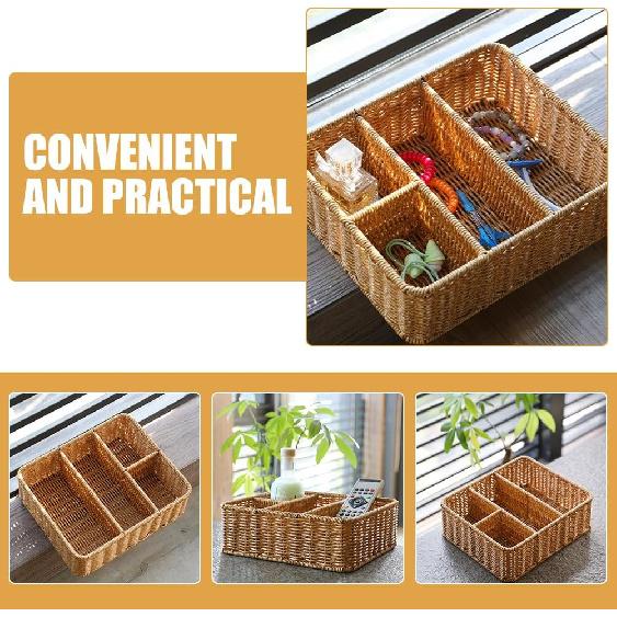 Luxshiny Rectangular Woven Storage Basket with 4 Compartments Table Divided Key Basket Box Wallet Tray Entryway Organizing Utensil Holder for Tissue