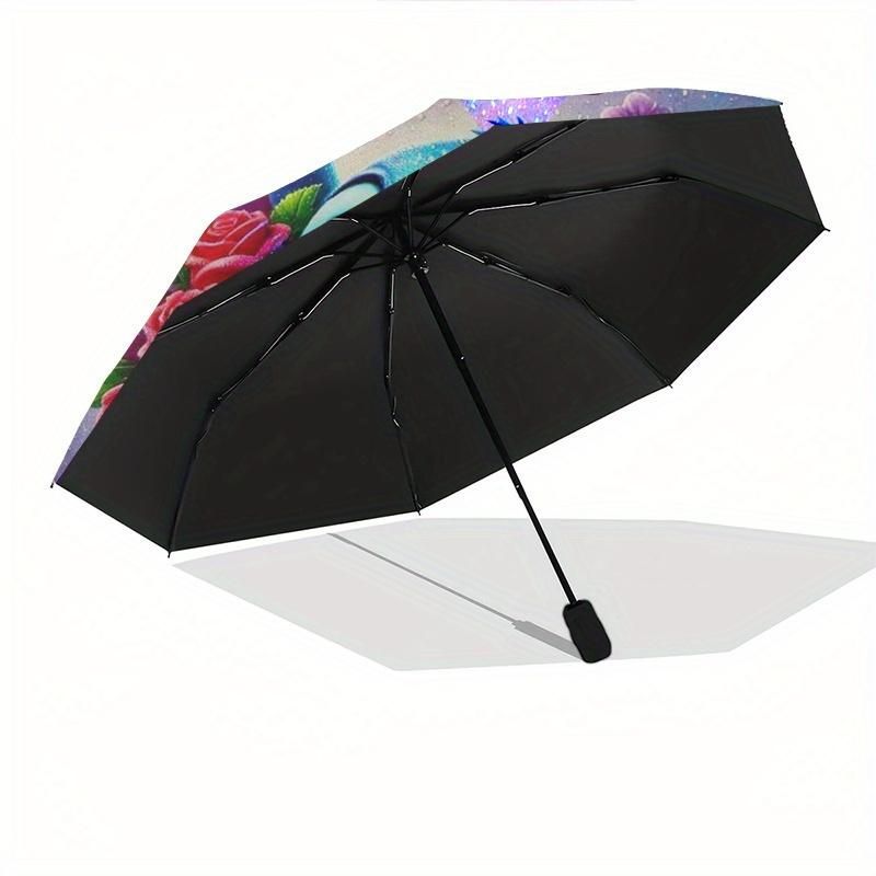 Stitch,Roses Automatic Folding Umbrella - Simple 8-Rib Design, Bright Cartoon Pattern, Durable Iron Frame, Suitable For Travel, Outdoor, Bea