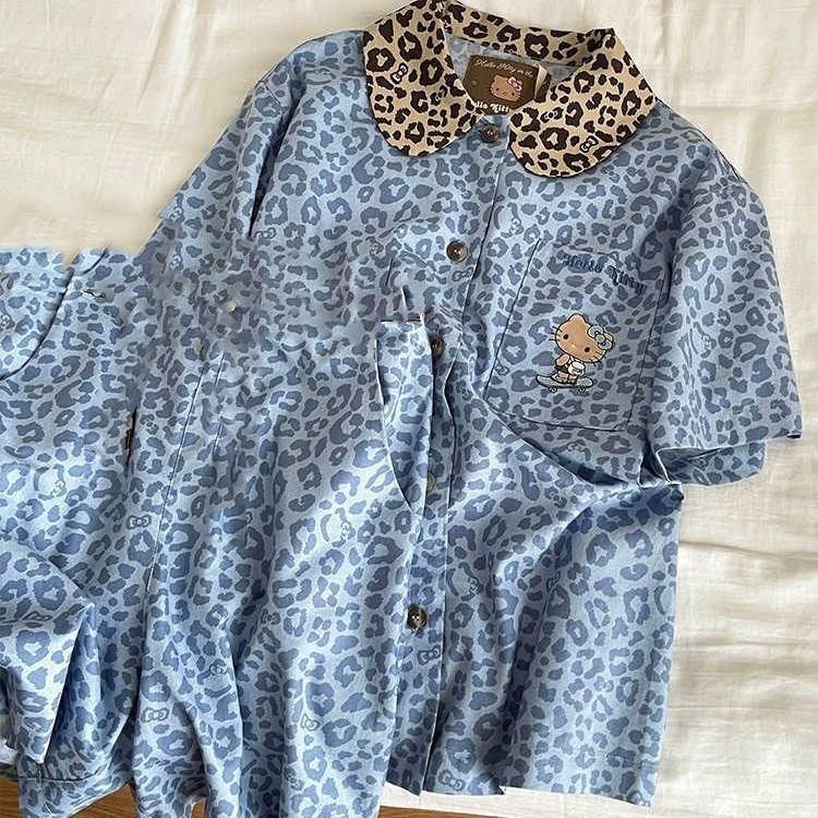 

Korean ins style blue leopard print pajamas women s summer lace short-sleeved shorts set women s casual loungewear S